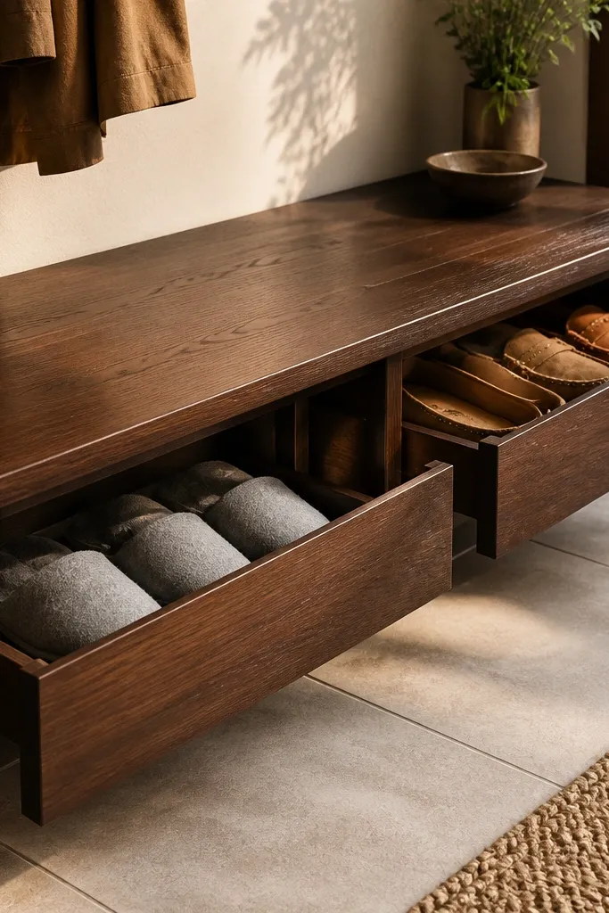 Small drawers under a bench holding folded shoe inserts and pairs.