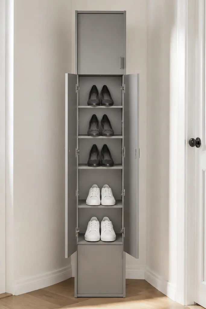 Tall slim cabinet with side doors and adjustable shelves for shoes.