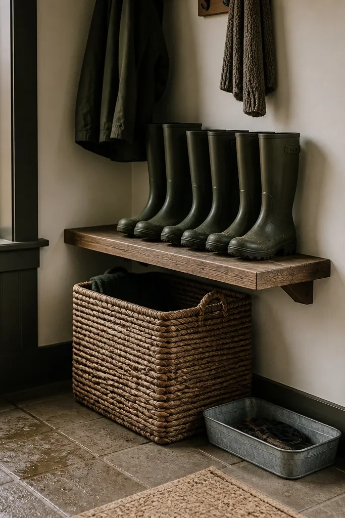 Wall ledge above woven baskets holding wet shoes near the door.