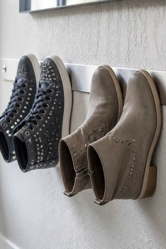 Wall strip with magnets holding shoes by metal studs and straps.