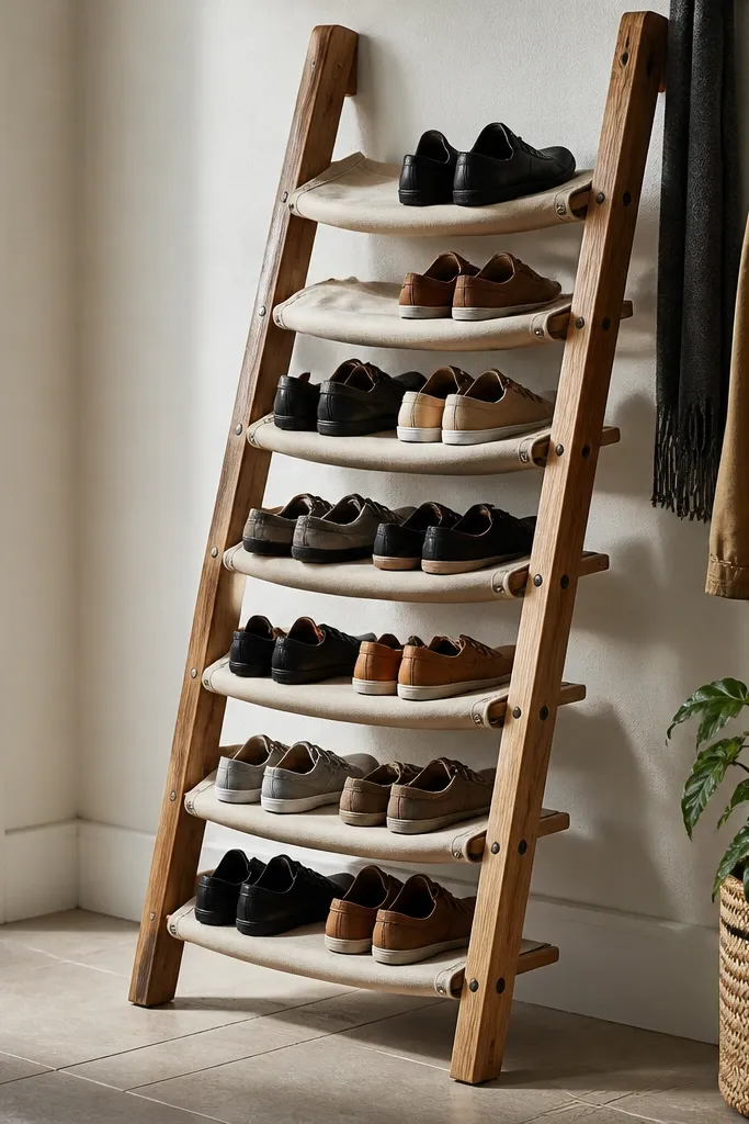 Small wooden ladder rack with canvas steps holding pairs of shoes.