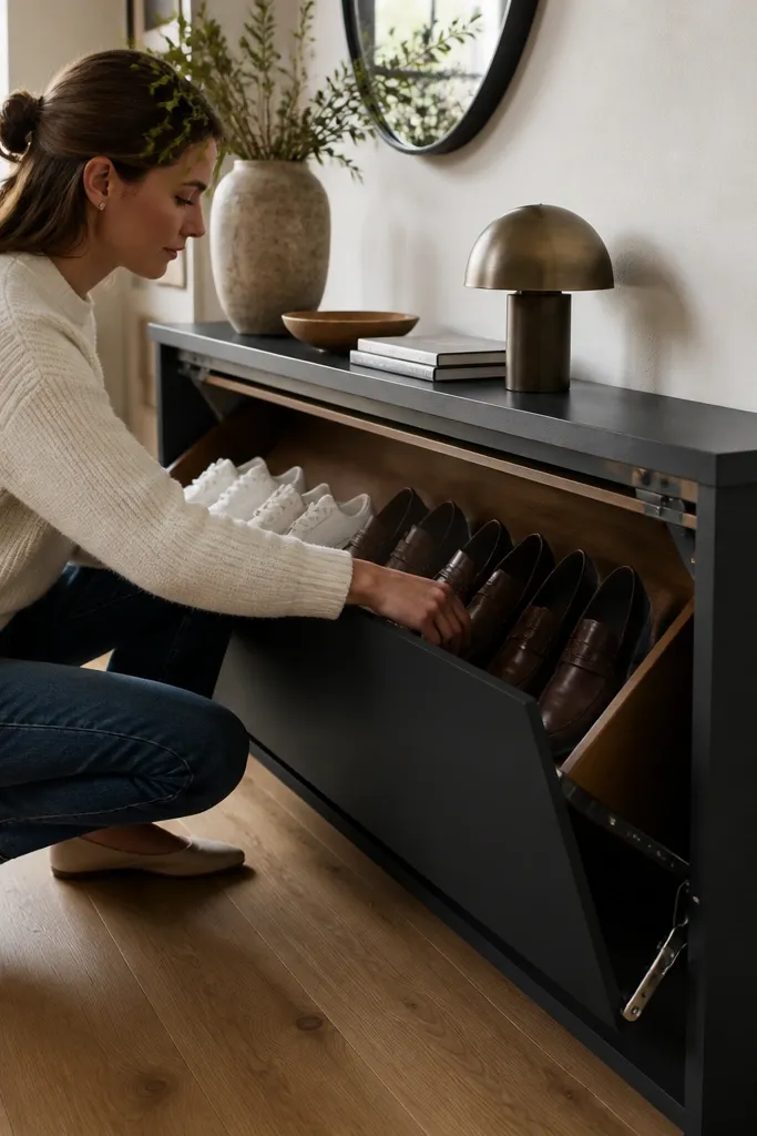 Swing-down panel under a console table revealing shoe storage.