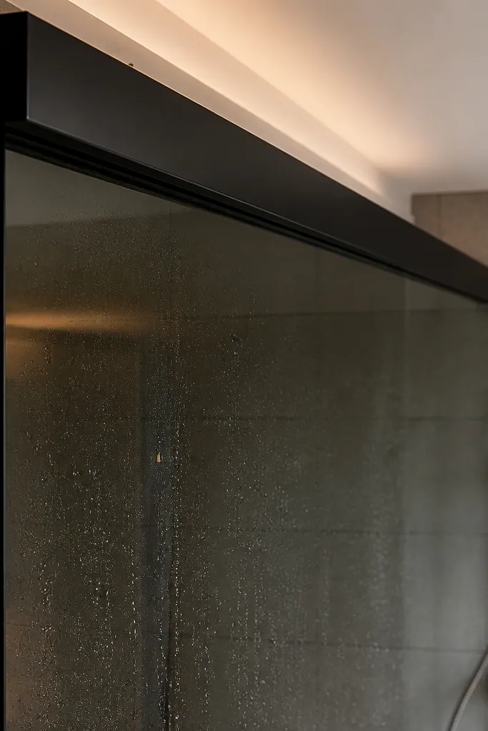 Smoked glass sliding door with matte black top rail in a compact bathroom