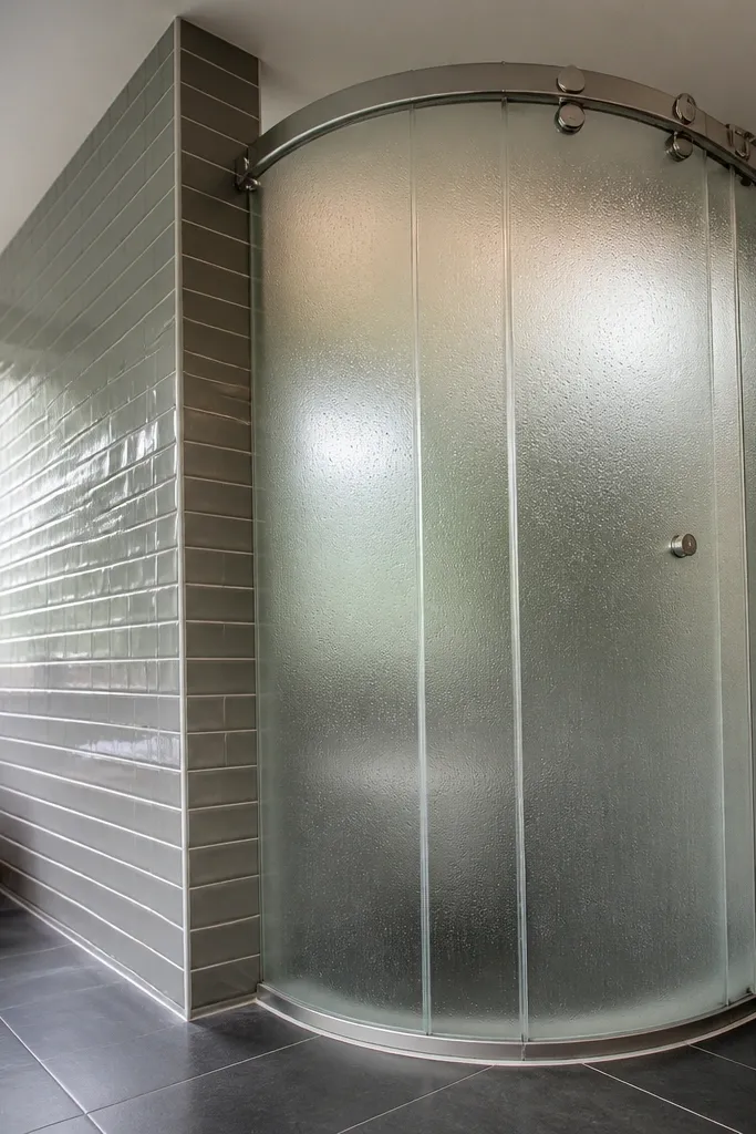 Corner sliding door with frosted glass and a curved rail in a tight bathroom