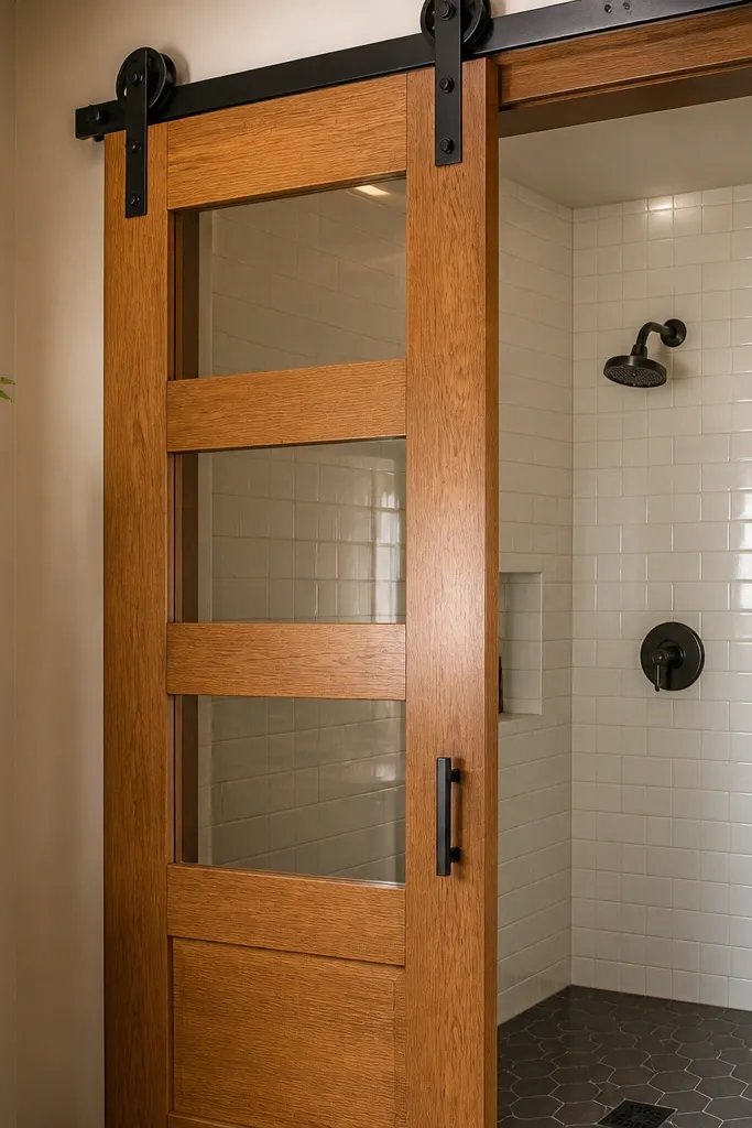 Barn-style sliding door with dark wood frame and clear glass inserts