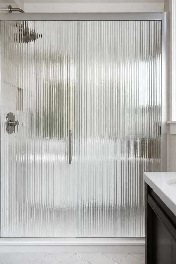 White framed sliding door with vertical ribbed glass panels in a small bathroom