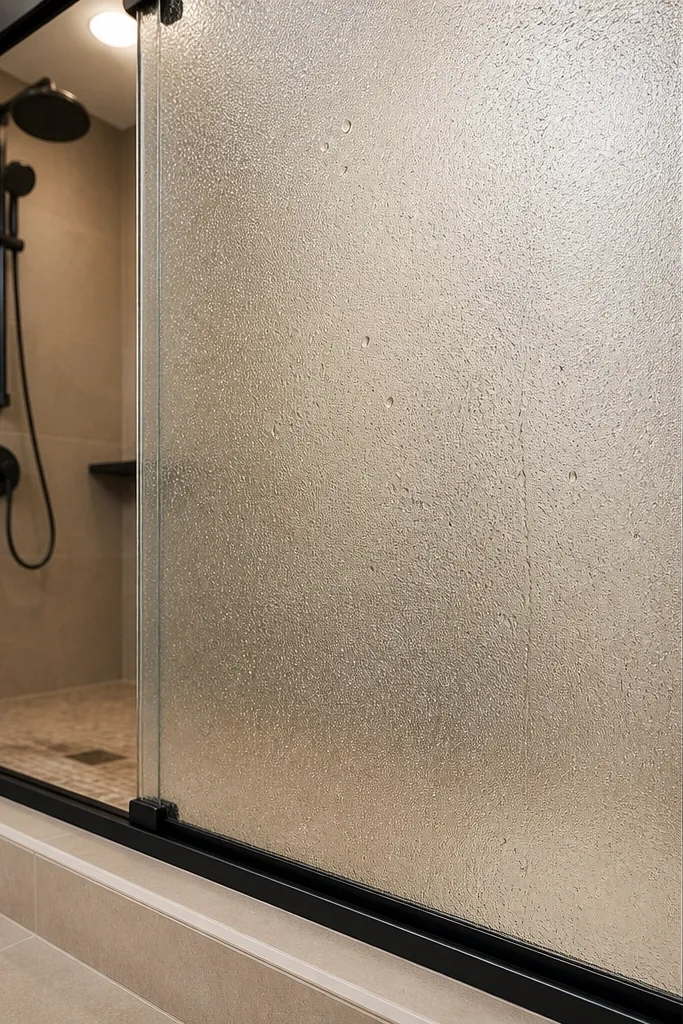 Smoked-grey glass with textured privacy film and matte black sliding hardware