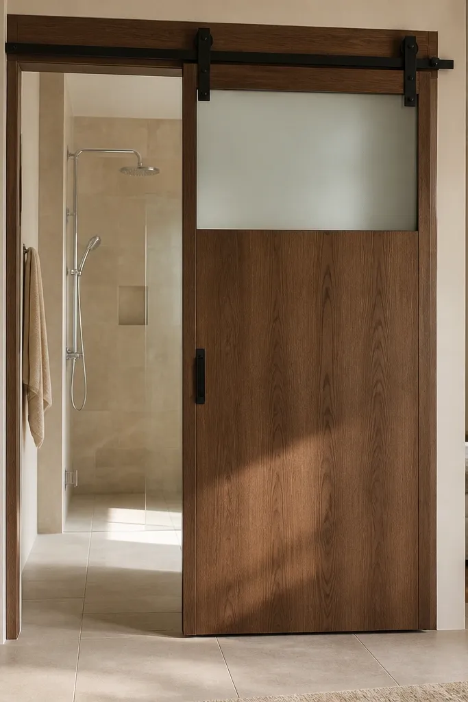 Wood-look sliding door with a frosted glass band at the top