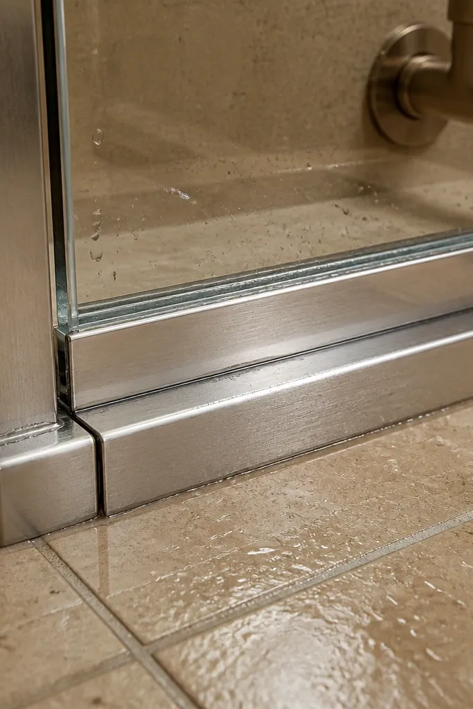Clear glass sliding door with stainless track and an anti-drip bottom rail in a bathroom