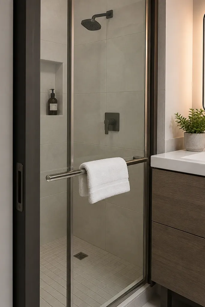 Slim-framed sliding glass door with a built-in towel bar near the opening