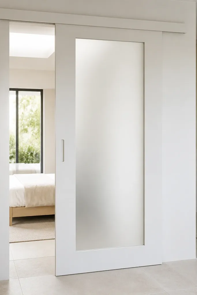 Matte white sliding door with frosted glass and a hidden handle channel
