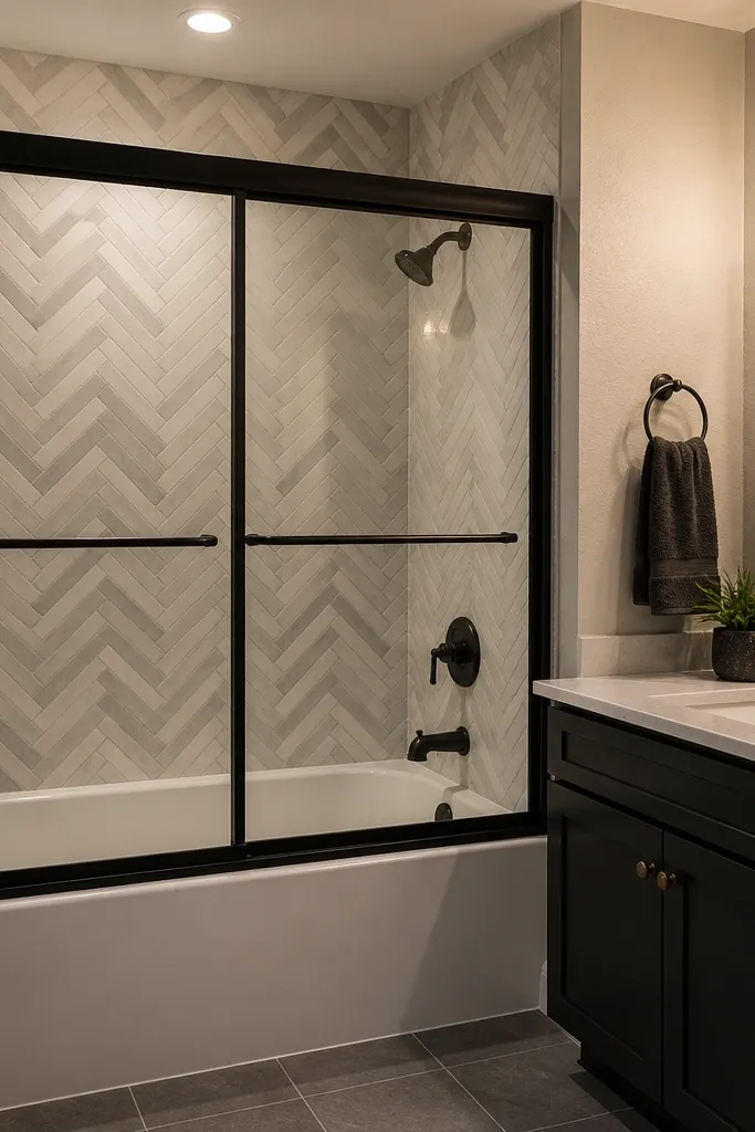 Black framed sliding glass door with an accent wall of herringbone tile