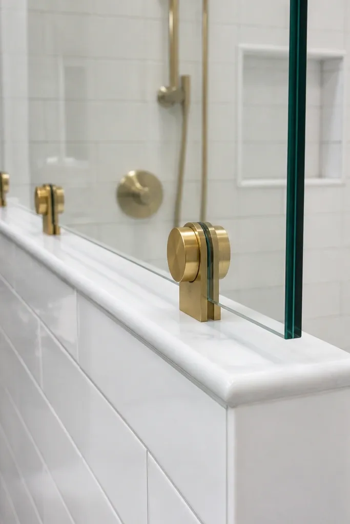 Clear glass sliding door with brass standoff brackets and minimal framing