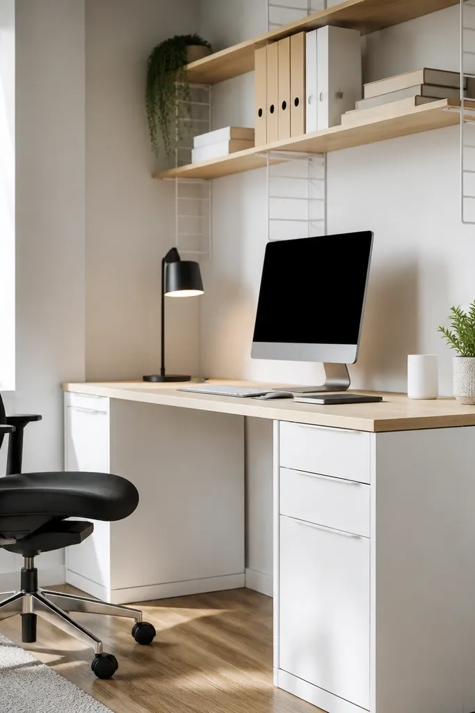 Light wood desk with white base and a wall grid shelf above