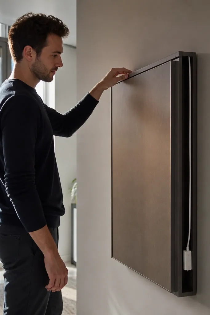 Wood fold-down desk panel with a hidden cable path along the wall