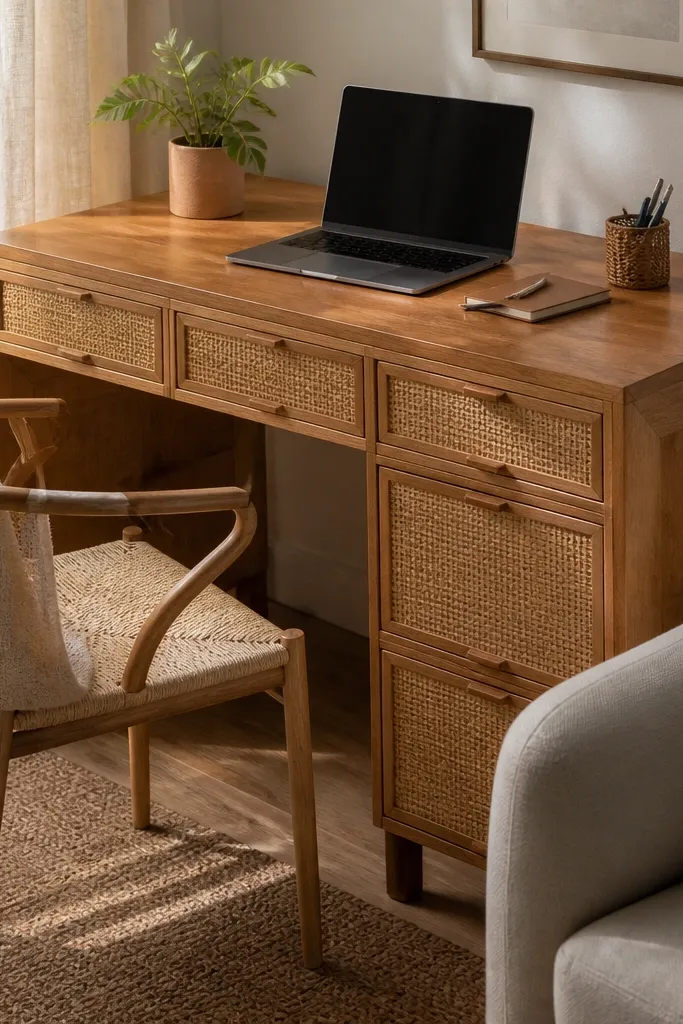 Desk drawers with rattan fronts and a smooth light wood work surface