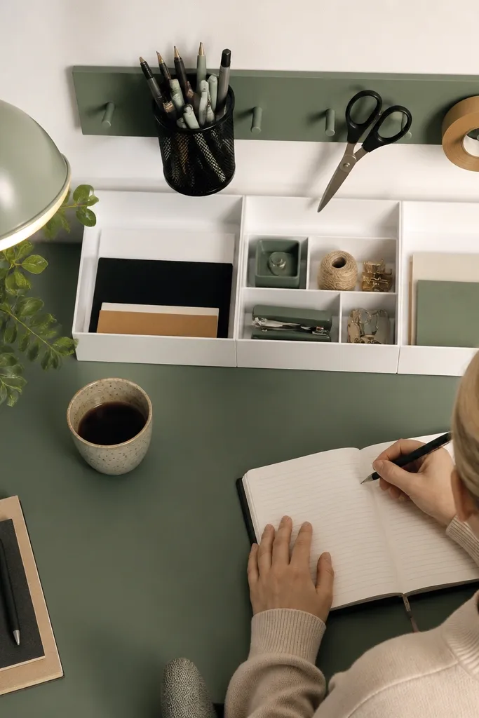 White painted desk with a peg rail above and small labeled trays lined up