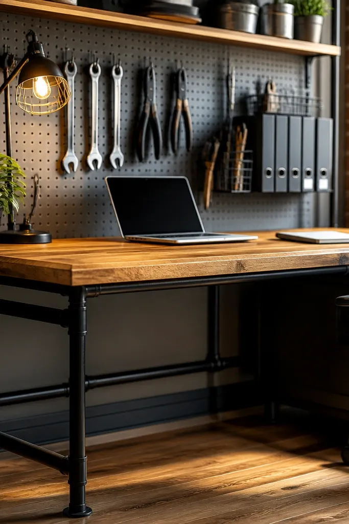 Butcher-block desk on black pipe legs with pegboard panel behind