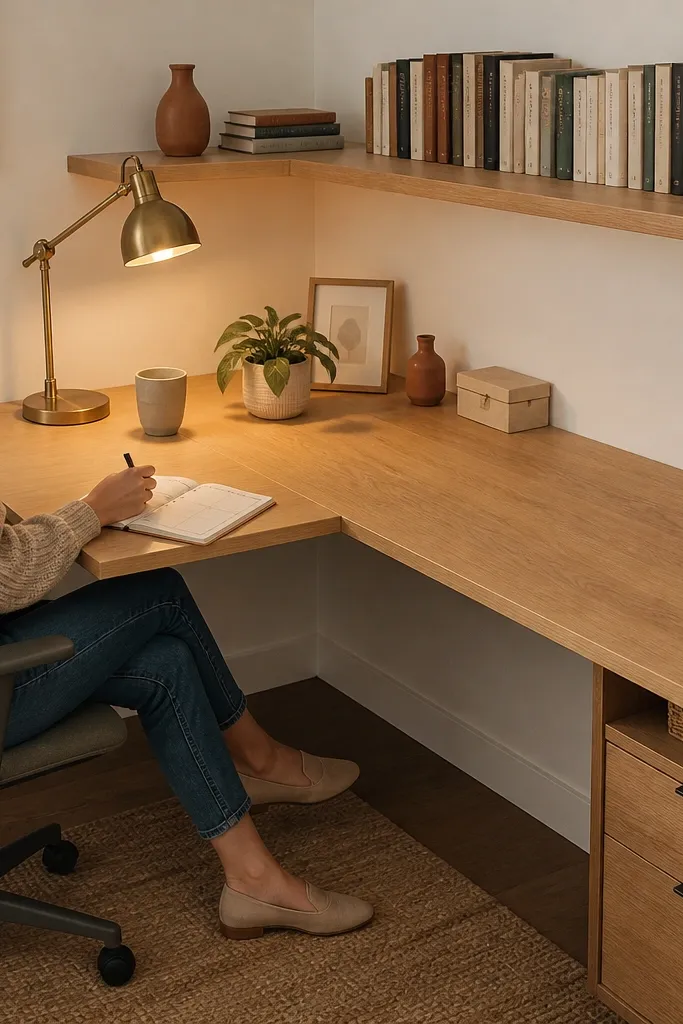 Corner desk with an angled shelf ledge holding books and a small lamp