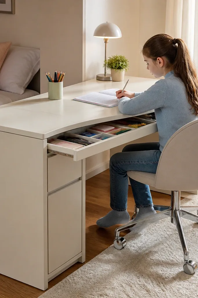 Small curved-front desk with a pull-out organizer under the front lip