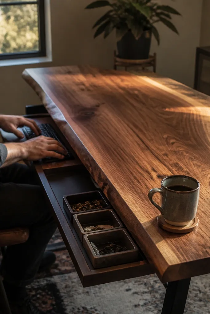 Live-edge wood slab desk with a metal tray rail along one side