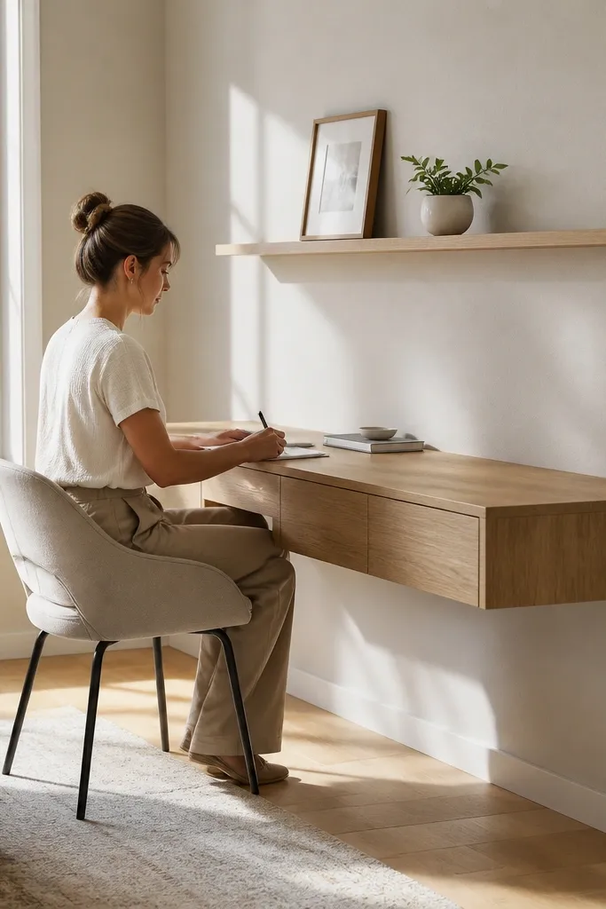 Floating desk with a picture ledge above and hidden cabinet below