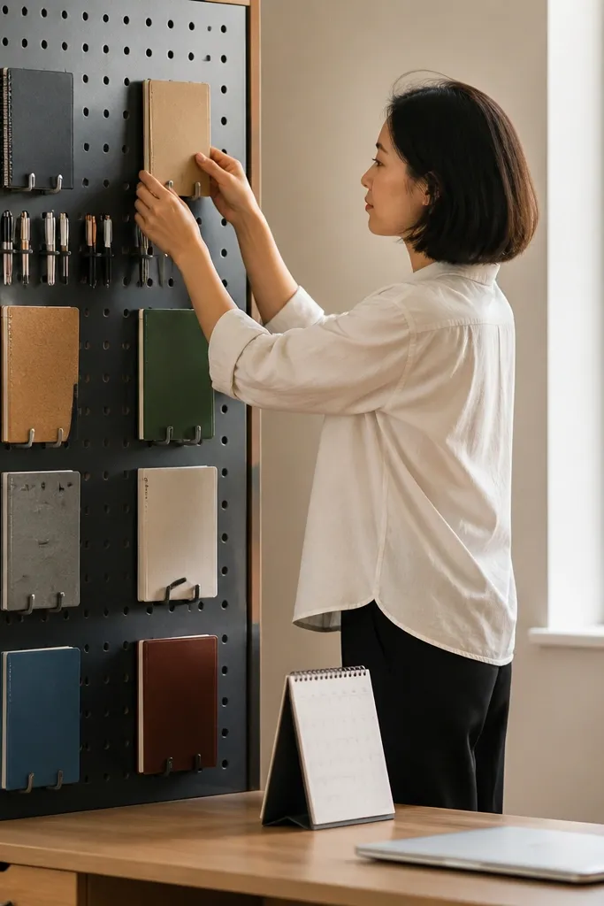 Desk with a tall pegboard side tower holding rotating weekly supplies