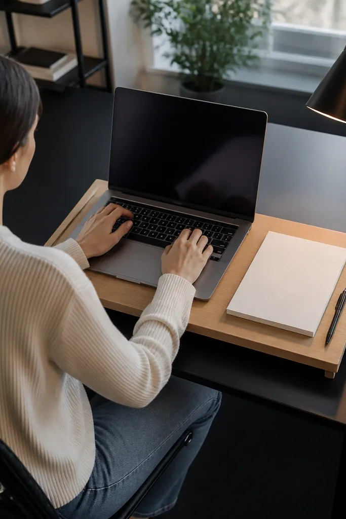 Matte black desk with a light oak floating tray holding laptop and notebook