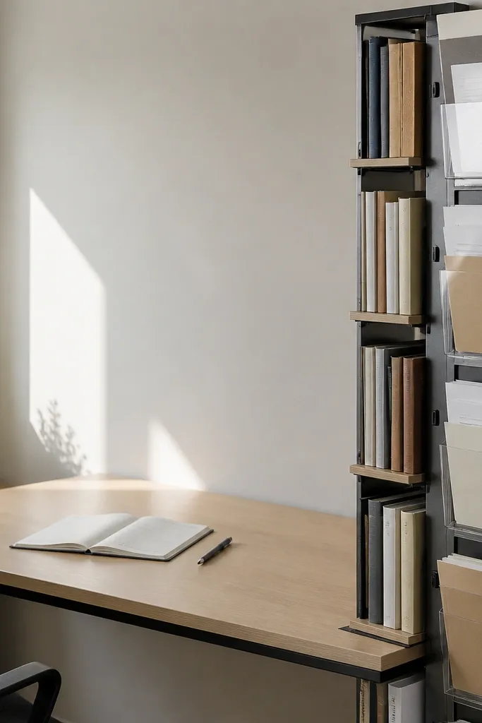 Slim desk with a vertical book tower and document sleeves on the side