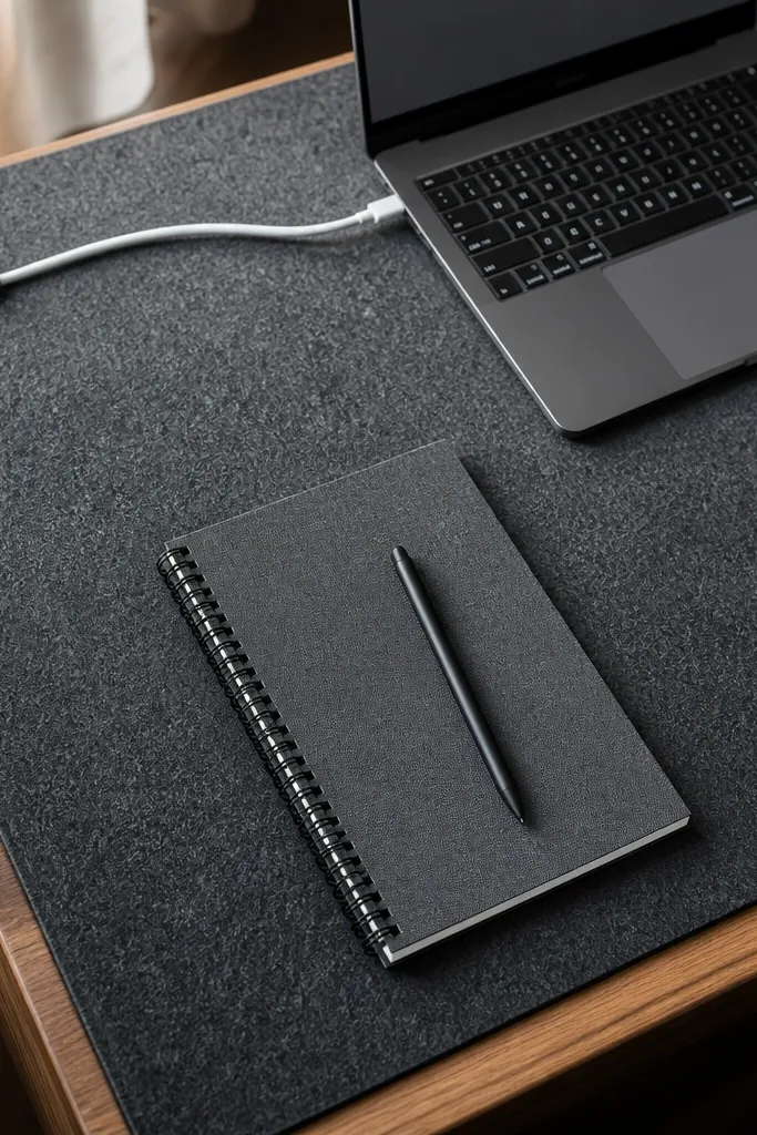 Wood desk with a removable felt mat and a fabric cable leash tied neatly