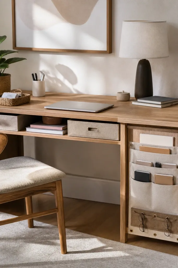 Wood frame desk with fabric drawer inserts and a hanging organizer panel