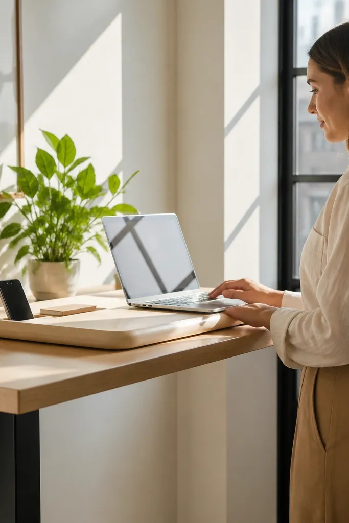 Standing desk riser platform with rounded edges and a front storage lip