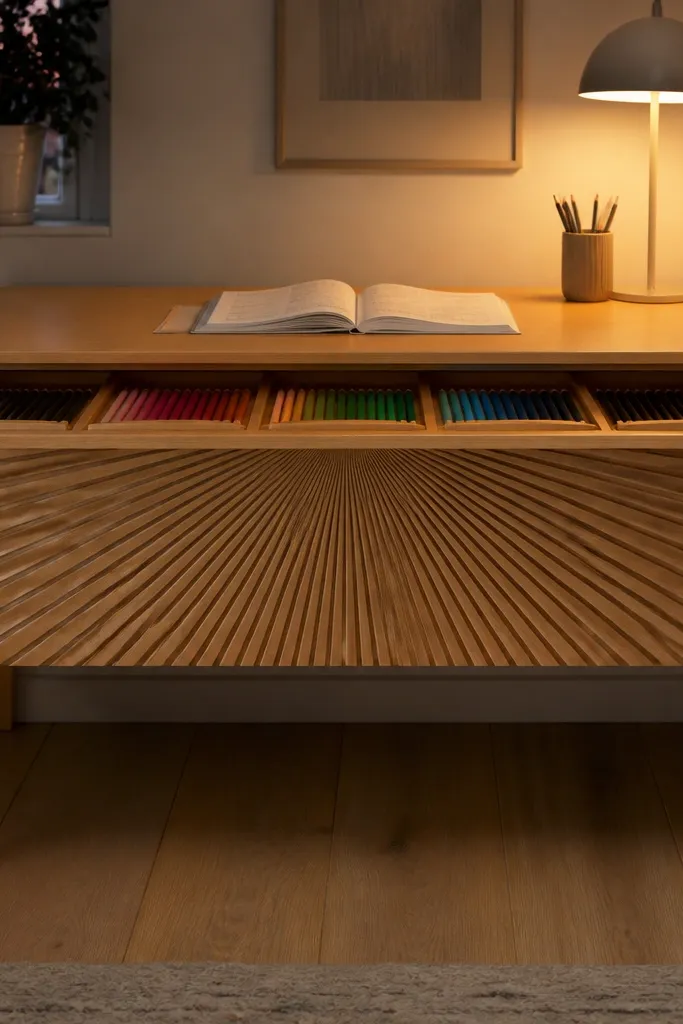 Desk top with sunburst slat front and a pull-out pencil rail on rails