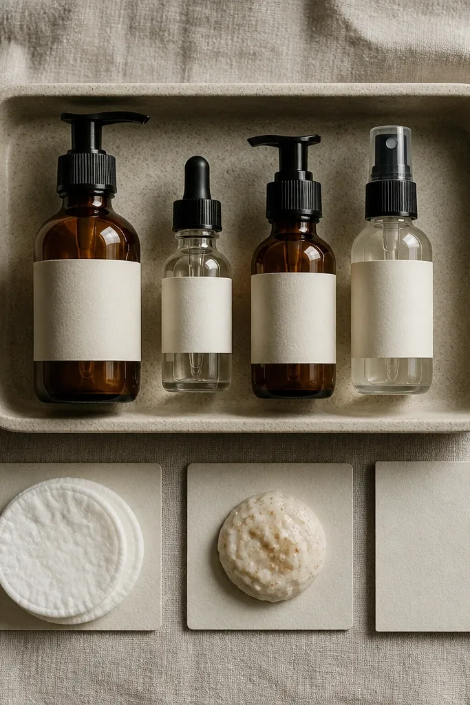 Off-white linen with amber serum bottles and small cards in a neat grid