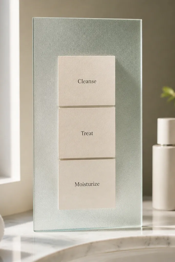 Frosted glass jar with label card and a neat three-step routine strip
