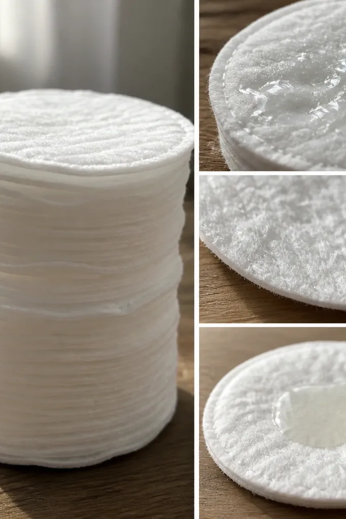 Cotton rounds stacked with a cream-colored gradient background and small label cards