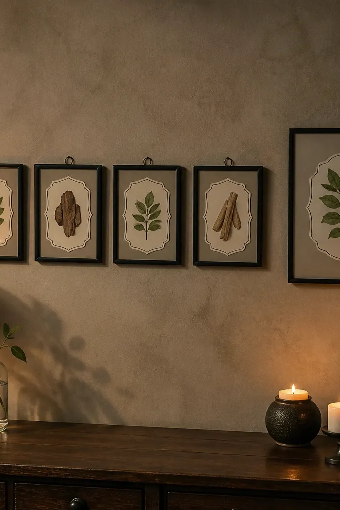Amber label cutouts in small frames on warm paper background