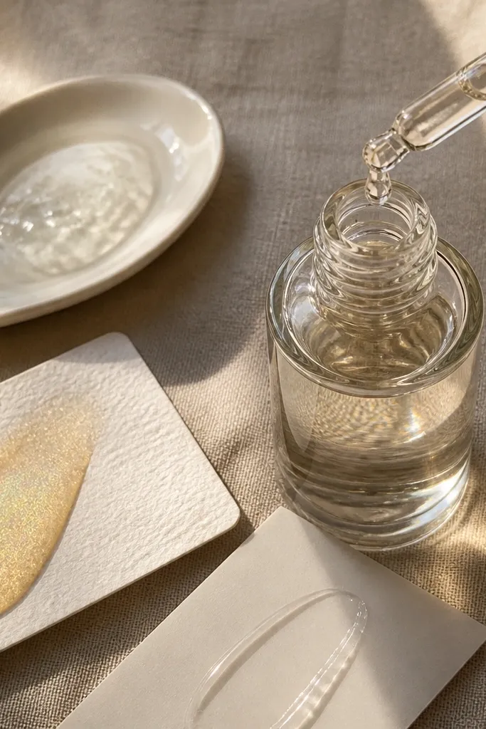 Glass dropper above linen with three small cards showing drops and swatches