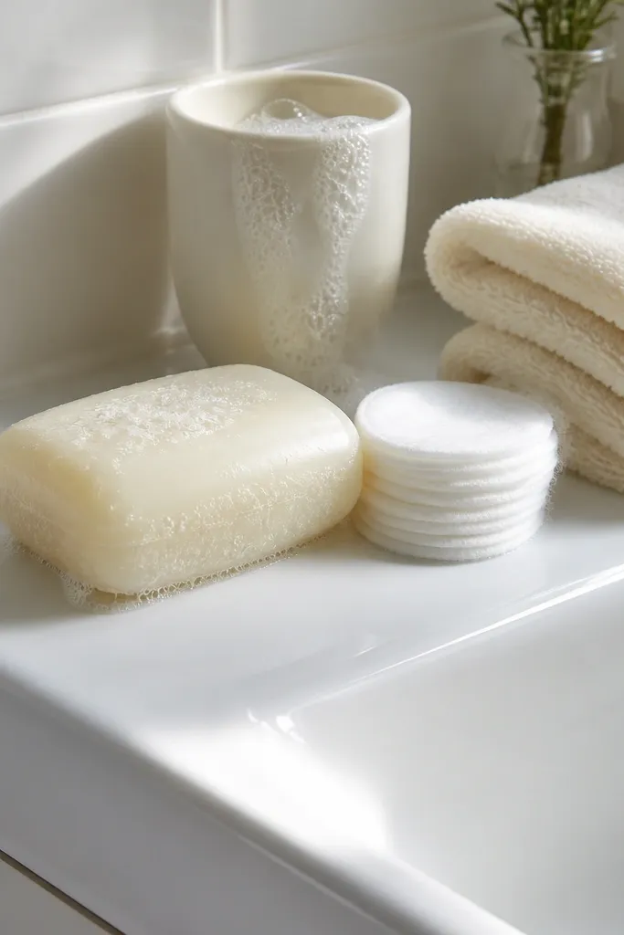 White ceramic sink with soap bubbles and a small routine card
