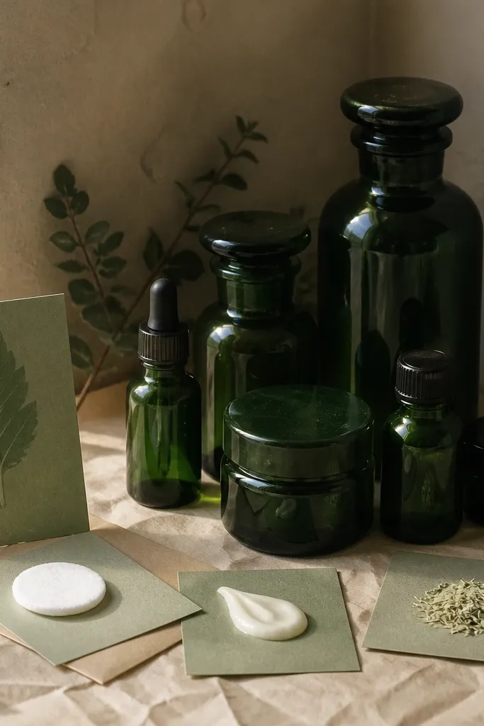 Green glass bottles arranged on beige paper with a label card cluster
