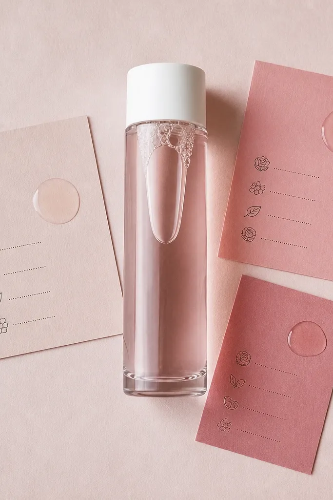 Soft pink color blocks with toner bottle and tiny ingredient text card