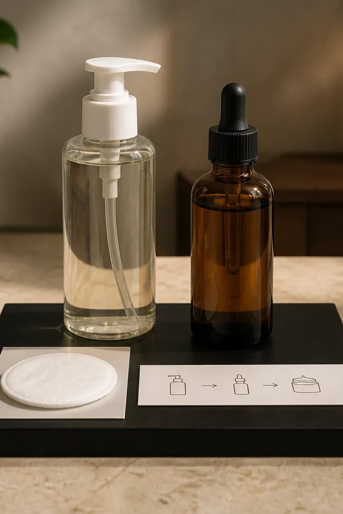 Matte black background with two skincare bottles, cotton pad, and a simple three-step card