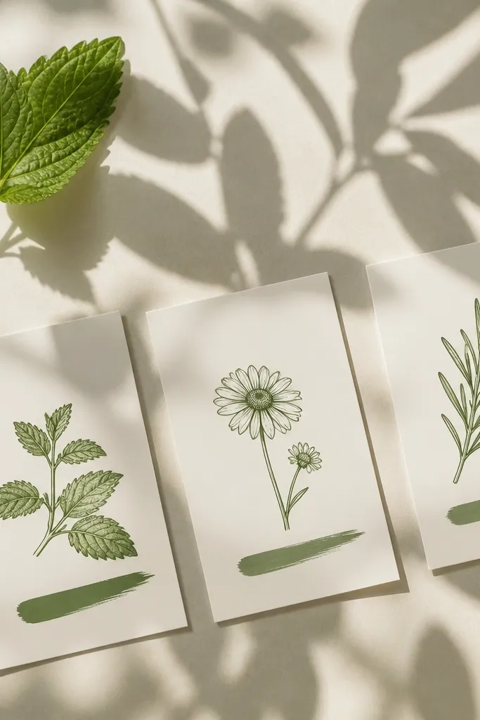Leaf shadows on cream paper with ingredient name cards in green ink