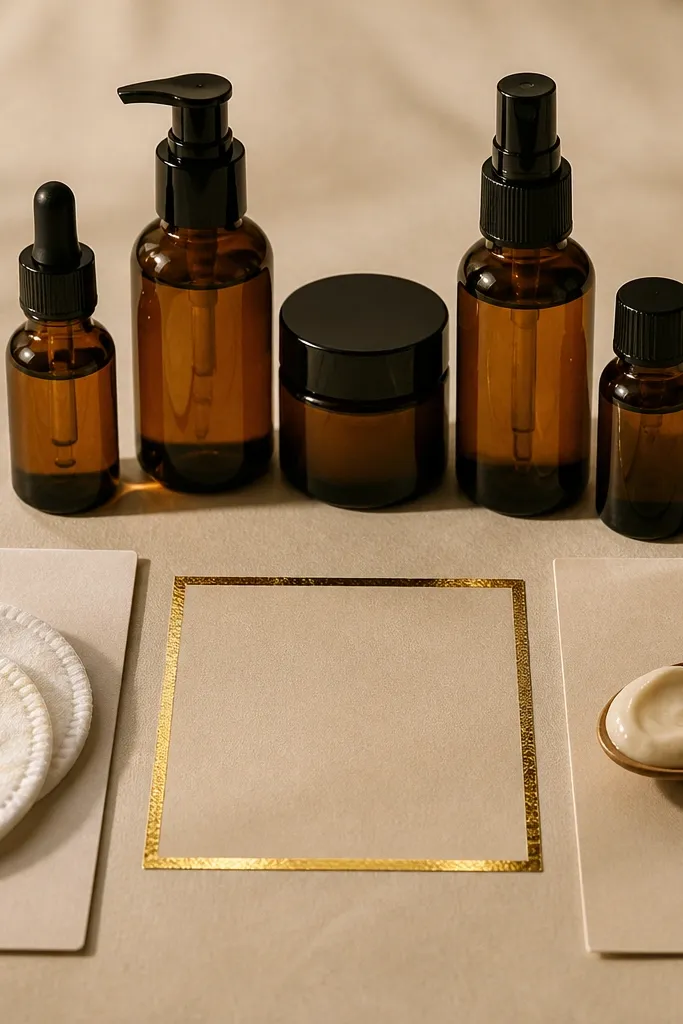 Amber bottles with gold label strip and three small routine cards on cream paper