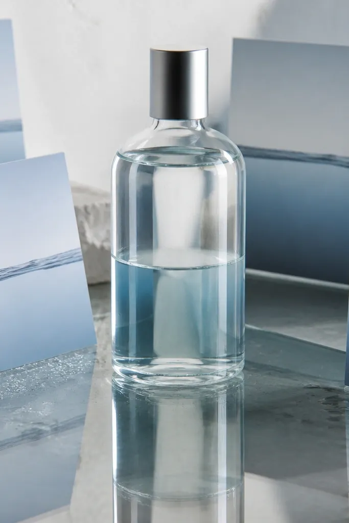 Clear bottle with a waterline reflection and small cards arranged in a tidy row