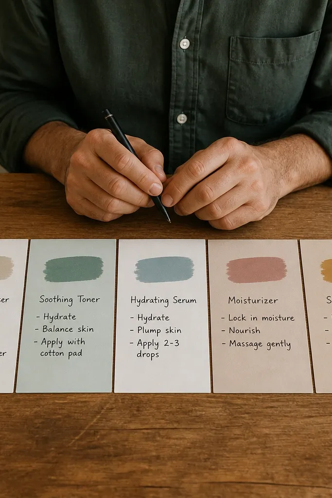 Handwritten skincare routine on label-style cards with muted backgrounds