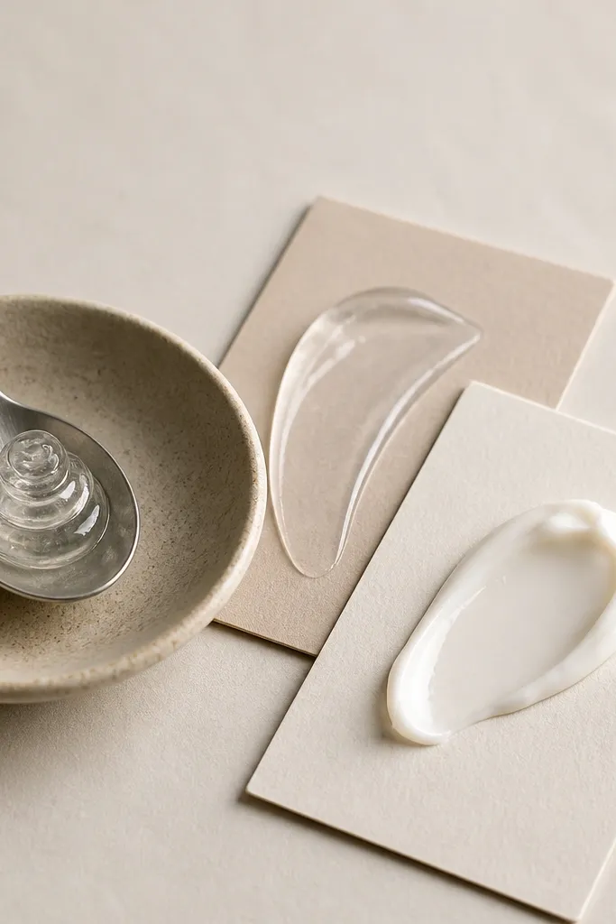 Spoon with a creamy swirl on matte light background and two small texture cards