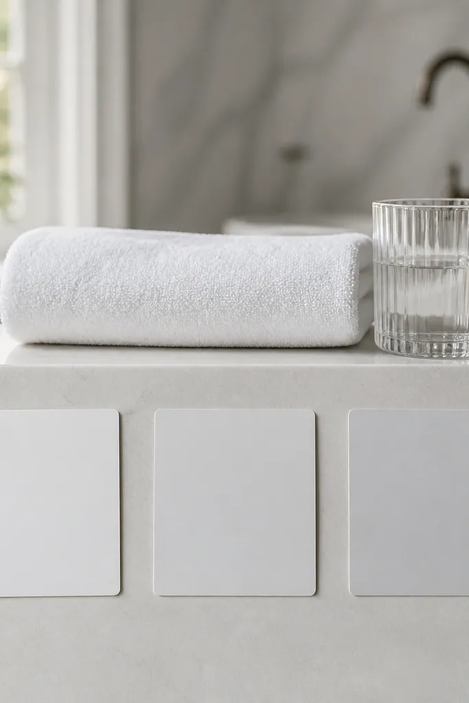 Tumbler and folded towel with a subtle gradient background and three routine cards