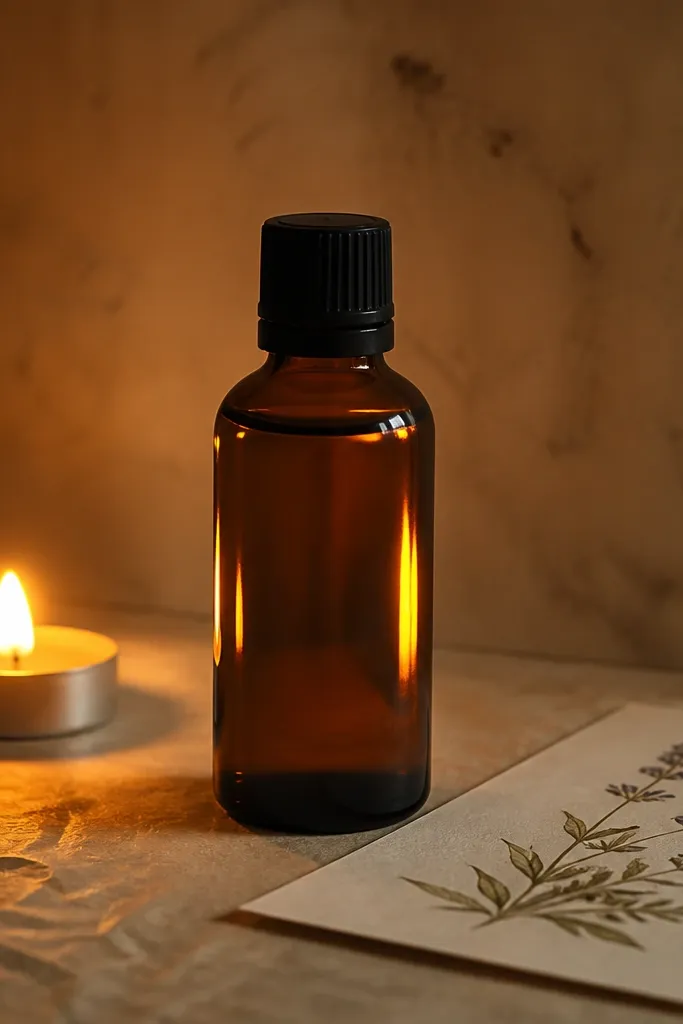 Warm amber glow with candle and skincare bottles plus a small ingredient card