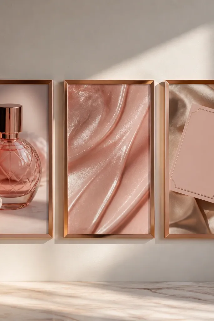 Rose gold corner frames around skincare photos on matte white paper